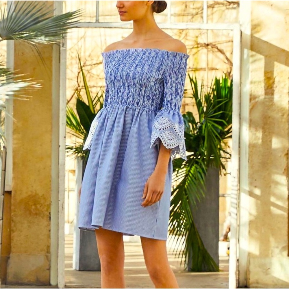 Ted Baker Blue Smocked Off-Shoulder Dress